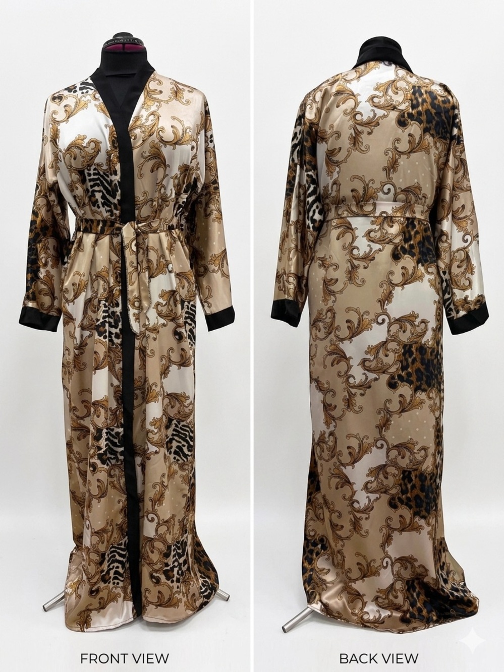 Luxury Baroque & Leopard Print Satin Maxi Abaya Kimono Robe